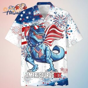 3D All Over Printed 4Th Of July Trendy Hawaiian Shirt Amerisaurusrex Hawaii Beach Shirt Saurus Usa