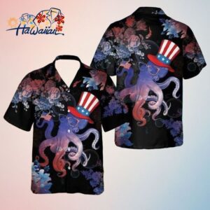 4Th Of July Trendy Hawaiian Shirt Octopus Celebrates 4Th Of July Flower Black Hawaii Aloha Shirt T