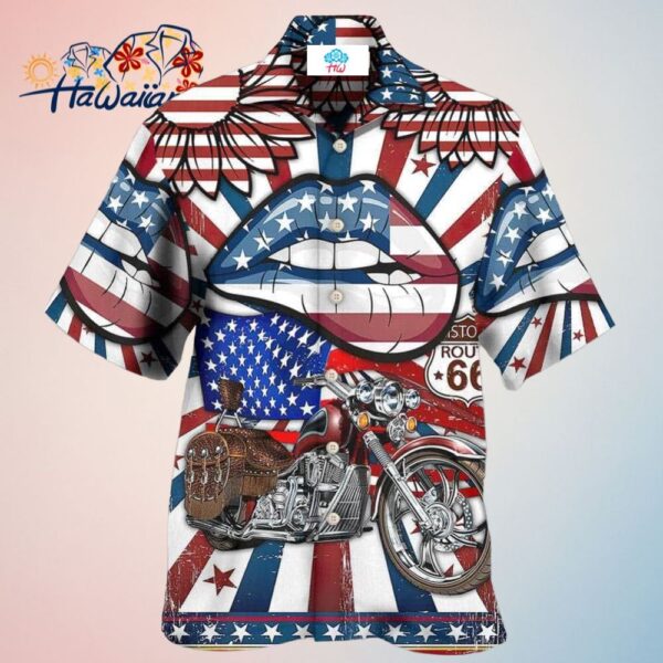 America Patriotic Motorcycle Sexy Lips Hawaiian Shirt Trendy Aloha Trendy Aloha
