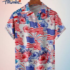 American Flag Flower Casual Mens Trendy Hawaiian Shirt 4Th Of July Trendy Hawaiian Shirt Trendy