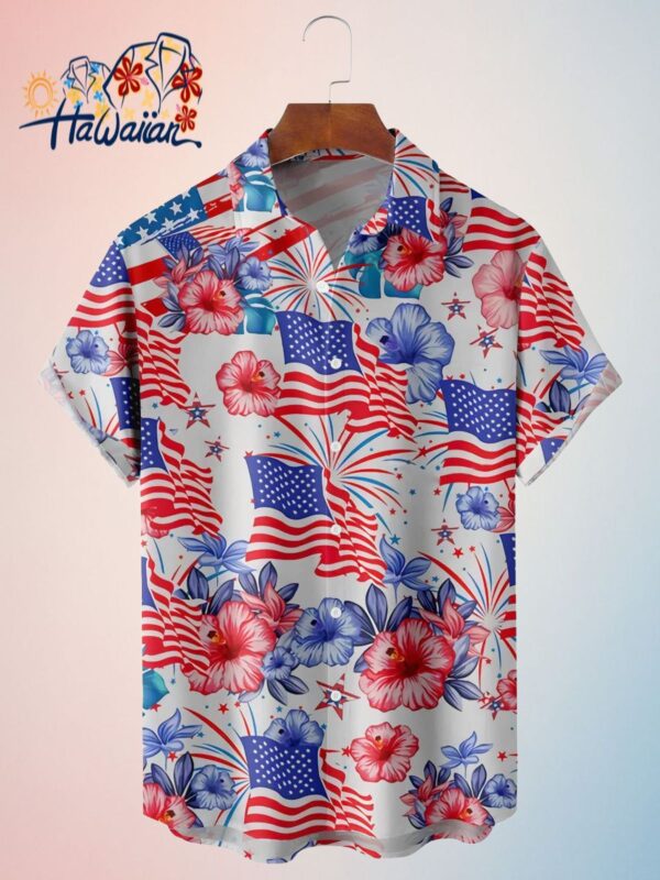 American Flag Flower Casual Mens Trendy Hawaiian Shirt 4Th Of July Trendy Hawaiian Shirt Trendy