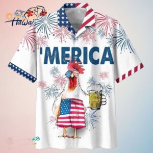 American Flag Rooster Drink Beer Print Hawaiian Shirt Trendy Aloha