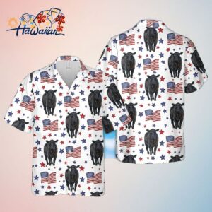 Black Angus American Flag Pattern Trendy Hawaiian Shirt Funny Cow Trendy Hawaiian Shirt 4Th Of Jul