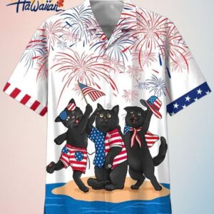 Cat Print Celebrating Independence Patriotic Hawaiian Shirt Trendy Aloha