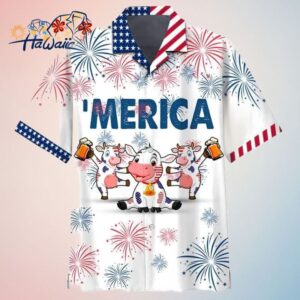 Cow And Beer 4Th Of July Trendy Hawaiian Shirt Cow American Flag Trendy Hawaiian Shirts For Men Wo