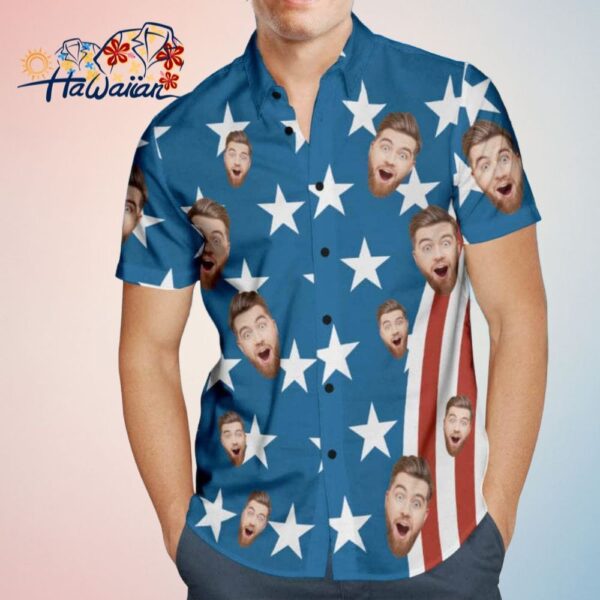Custom Face Mens Trendy Aloha Hawaiian Shirts 4Th Of July American Flag Patriotic Independence Day