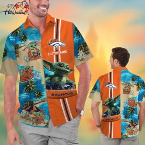 Denver Broncos Baby Yoda Name Personalized Short Sleeve Button Up Tropical Hawaiian Shirt Trendy A 1