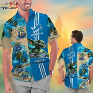 Detroit Lions Baby Yoda Name Personalized Short Sleeve Button Up Tropical Hawaiian Shirt Trendy Al 1