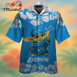 Detroit Lions Baby Yoda Short Sleeve Button Up Tropical Hawaiian Shirt Trendy Aloha 1