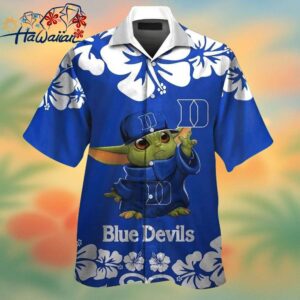 Duke Blue Devils Baby Yoda Short Sleeve Button Up Tropical Hawaiian Shirt Trendy Aloha 1