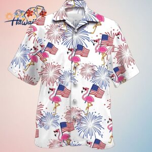 Flamingo Hawaii Shirt 4Th Of July Shirt Flamingo And Flag Red And Blue Firework Trendy Hawaiian Sh