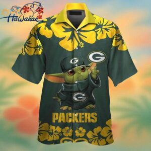 Green Bay Packers Baby Yoda Short Sleeve Button Up Tropical Hawaiian Shirt Trendy Aloha 1