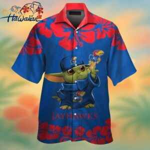 Kansas Jayhawks Baby Yoda Short Sleeve Button Up Tropical Hawaiian Shirt Trendy Aloha 1