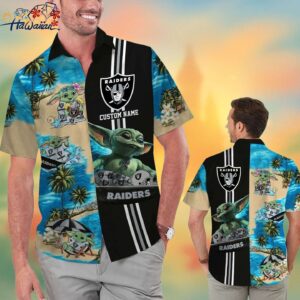 Las Vegas Raiders Baby Yoda Name Personalized Short Sleeve Button Up Tropical Hawaiian Shirt Trend 1