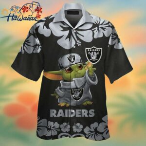 Las Vegas Raiders Baby Yoda Short Sleeve Button Up Tropical Hawaiian Shirt Trendy Aloha 1