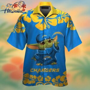 Los Angeles Chargers Baby Yoda Short Sleeve Button Up Tropical Hawaiian Shirt Trendy Aloha 1