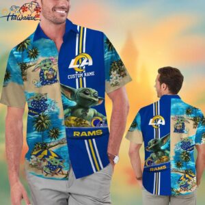 Los Angeles Rams Baby Yoda Name Personalized Short Sleeve Button Up Tropical Hawaiian Shirt Trendy 1