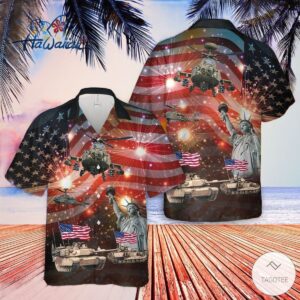 M1a2 Abrams M3 Bradley Celebrating in Patriotic Hawaiian Shirt Trendy Aloha