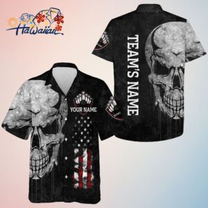 Men Women Skull Hawaiian Bowling Shirt Patriotic Custom Name Black Bowlers Jersey American Flag T
