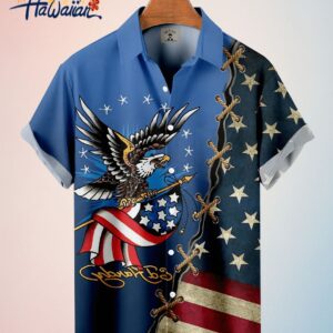 Mens American Flag And Eagle Panel Print Short Sleeve Shirt 4Th Of July Trendy Hawaiian Shirt For