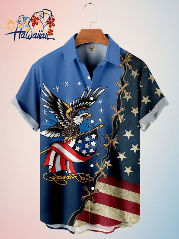 Mens American Flag And Eagle Panel Print Short Sleeve Shirt 4Th Of July Trendy Hawaiian Shirt For