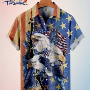 Mens American Flag And Eagle Print Short Sleeve Trendy Hawaiian Shirt 4Th Of July Trendy Hawaiian