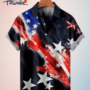 Mens American Flag Star Print Short Sleeve Trendy Hawaiian Shirt 4Th Of July Trendy Hawaiian Shirt