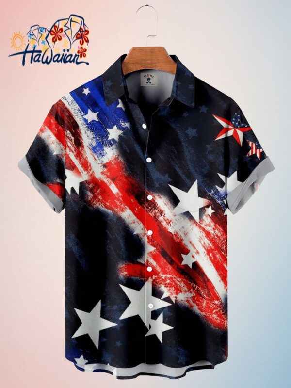 Mens American Flag Star Print Short Sleeve Trendy Hawaiian Shirt 4Th Of July Trendy Hawaiian Shirt