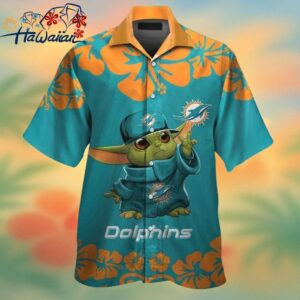 Miami Dolphins Baby Yoda Short Sleeve Button Up Tropical Hawaiian Shirt Trendy Aloha 1