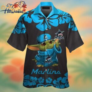 Miami Marlins Baby Yoda Short Sleeve Button Up Tropical Hawaiian Shirt Trendy Aloha 1
