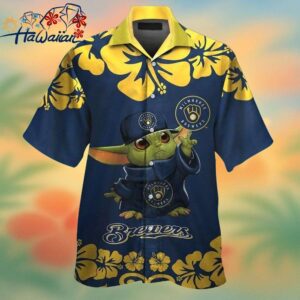 Milwaukee Brewers Baby Yoda Short Sleeve Button Up Tropical Hawaiian Shirt Trendy Aloha 1