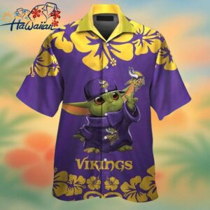Minnesota Vikings Baby Yoda Short Sleeve Button Up Tropical Hawaiian Shirt Trendy Aloha 1