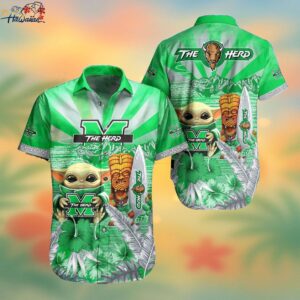 NCAA Marshall Thundering Herd Baby Yoda Tiki Flower Hawaiian Shirt Trendy Aloha 1