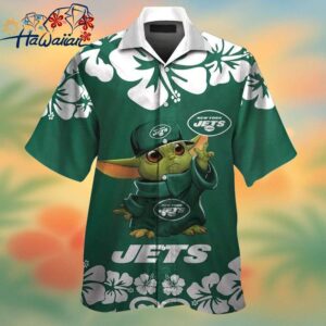New York Jets Baby Yoda Short Sleeve Button Up Tropical Hawaiian Shirt Trendy Aloha 1