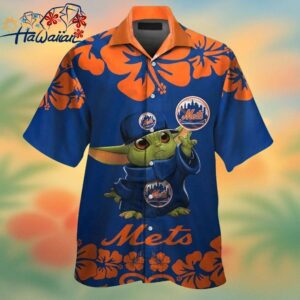 New York Mets Baby Yoda Short Sleeve Button Up Tropical Hawaiian Shirt Trendy Aloha 1