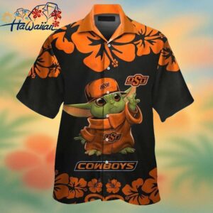 Oklahoma State Cowboys Baby Yoda Short Sleeve Button Up Tropical Hawaiian Shirt Trendy Aloha 1