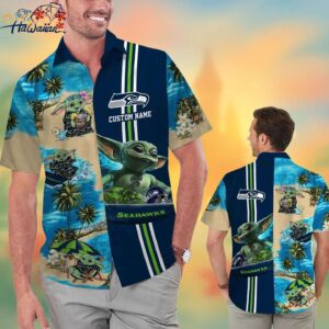 Seattle Seahawks Baby Yoda Name Personalized Short Sleeve Button Up Tropical Hawaiian Shirt Trendy 1