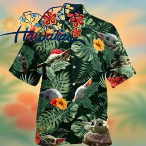 Sw Hawaiian Shirt Baby Yoda Grogu Hibiscus Flower Tropical 3D Green Hawaii Aloha Shirt Trendy Aloh 1