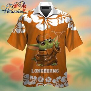Texas Longhorns Baby Yoda Short Sleeve Button Up Tropical Hawaiian Shirt Trendy Aloha 1